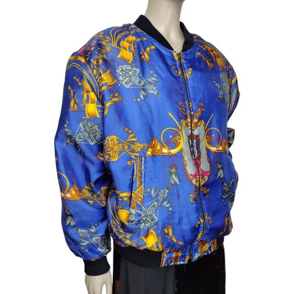 Vintage 80s Baroque Rococo Satin Bomber Jacket Quilted Lining Unisex Adult OSFM - Picture 3 of 12
